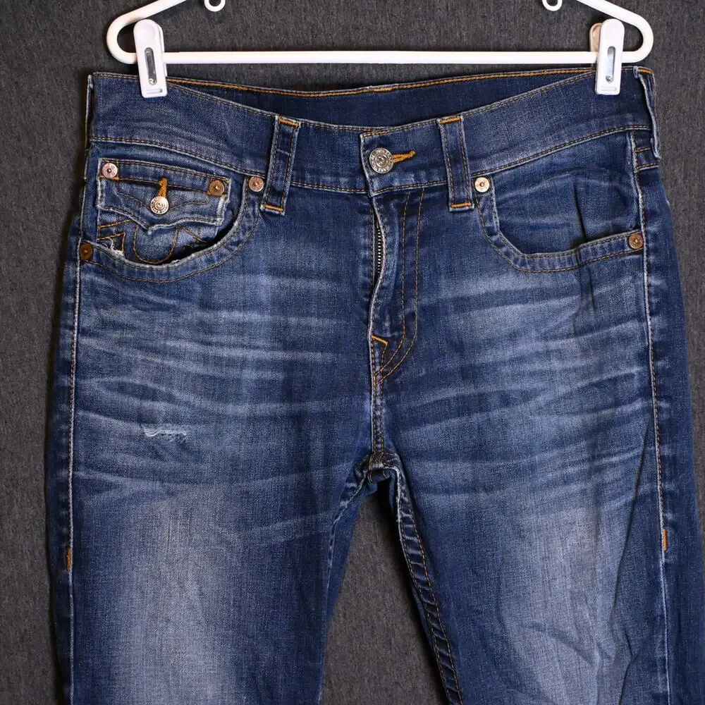 True Religion Men's 33 (33x30) Skinny Denim Distressed Jeans Faded Wash Western